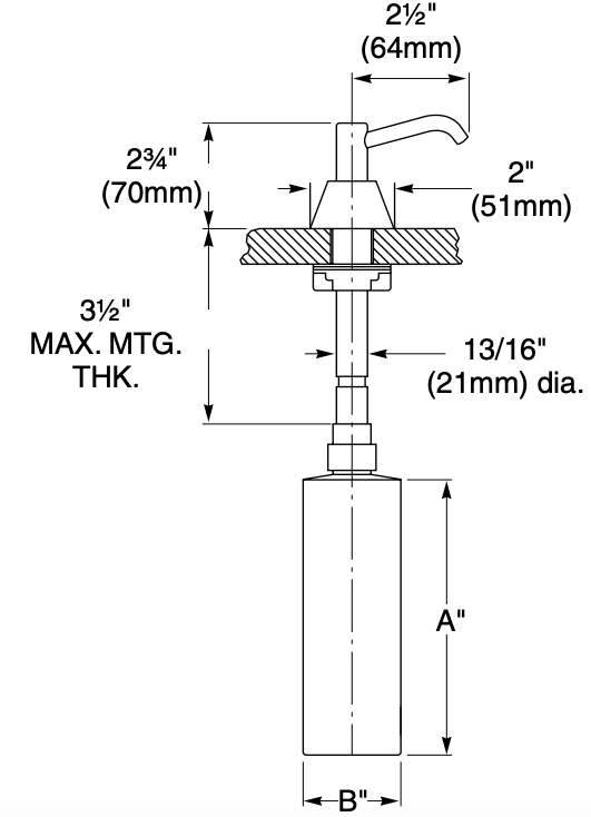 Bradley 6322-68 Commercial Liquid Soap Dispenser, Countertop Mounted, Manual-Push, Stainless Steel - 2.5" Spout, 32 oz