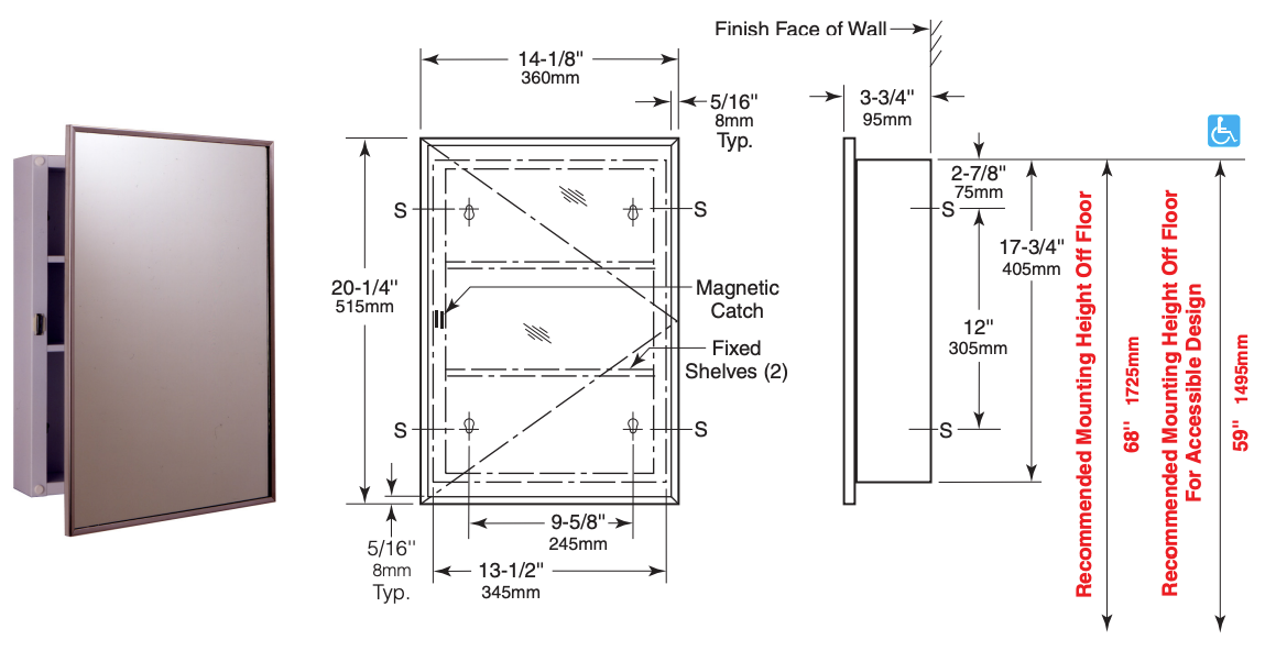 Bobrick B-297 (14.125 x 20.25) Commercial Medicine Cabinet, Surface-Mounted, Steel (14.125" x 20.25")