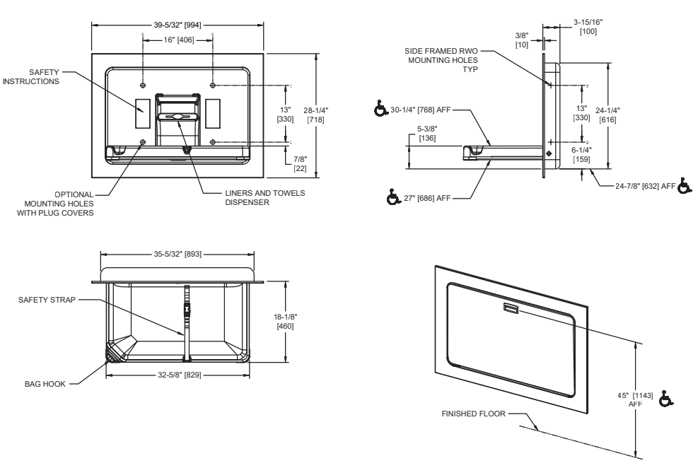 ASI 9018 Baby Changing Station - Horizontal - Stainless Steel - Recessed