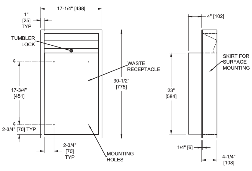 ASI 0458-9 Commercial Restroom Waste Receptacle, 12 Gallon, Surface-Mounted, 17-1/4" W x 30-1/2" H, 4" D, Stainless Steel