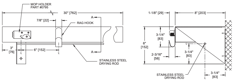 ASI 1315-3 Shelf/Utility Hook & Mop Strip w/ Drying Rod - 2 Hooks, 3 Holders - 30"L - Surface Mounted