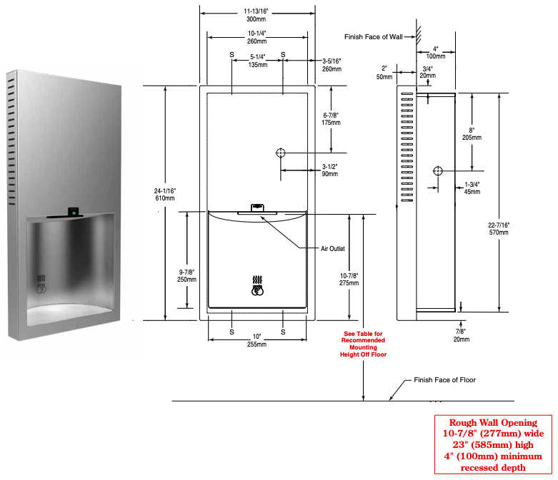 Bobrick B-3725 Automatic Hand Dryer, 230 Volt, Recessed-Mounted, Stainless Steel