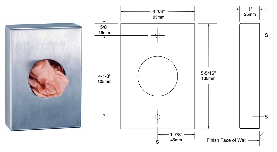Bobrick B-3541 Commercial Restroom Sanitary Disposal Bag Dispenser, Surface-Mounted, Stainless Steel, Satin Finish