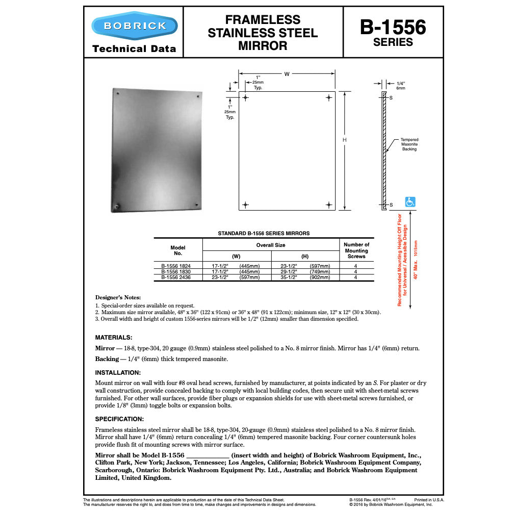 Bobrick B-1556 1830 (18 x 30) Frameless Mirror 18"W x 30"H