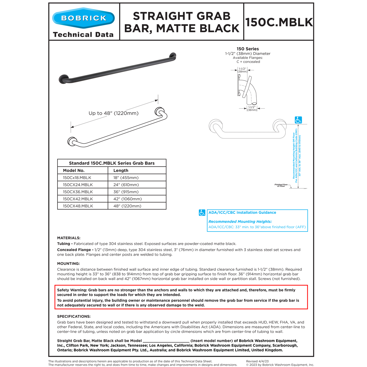 Bobrick 150CX18.MBLK (18 x 1.5) Matte Black 18" Straight Grab Bar