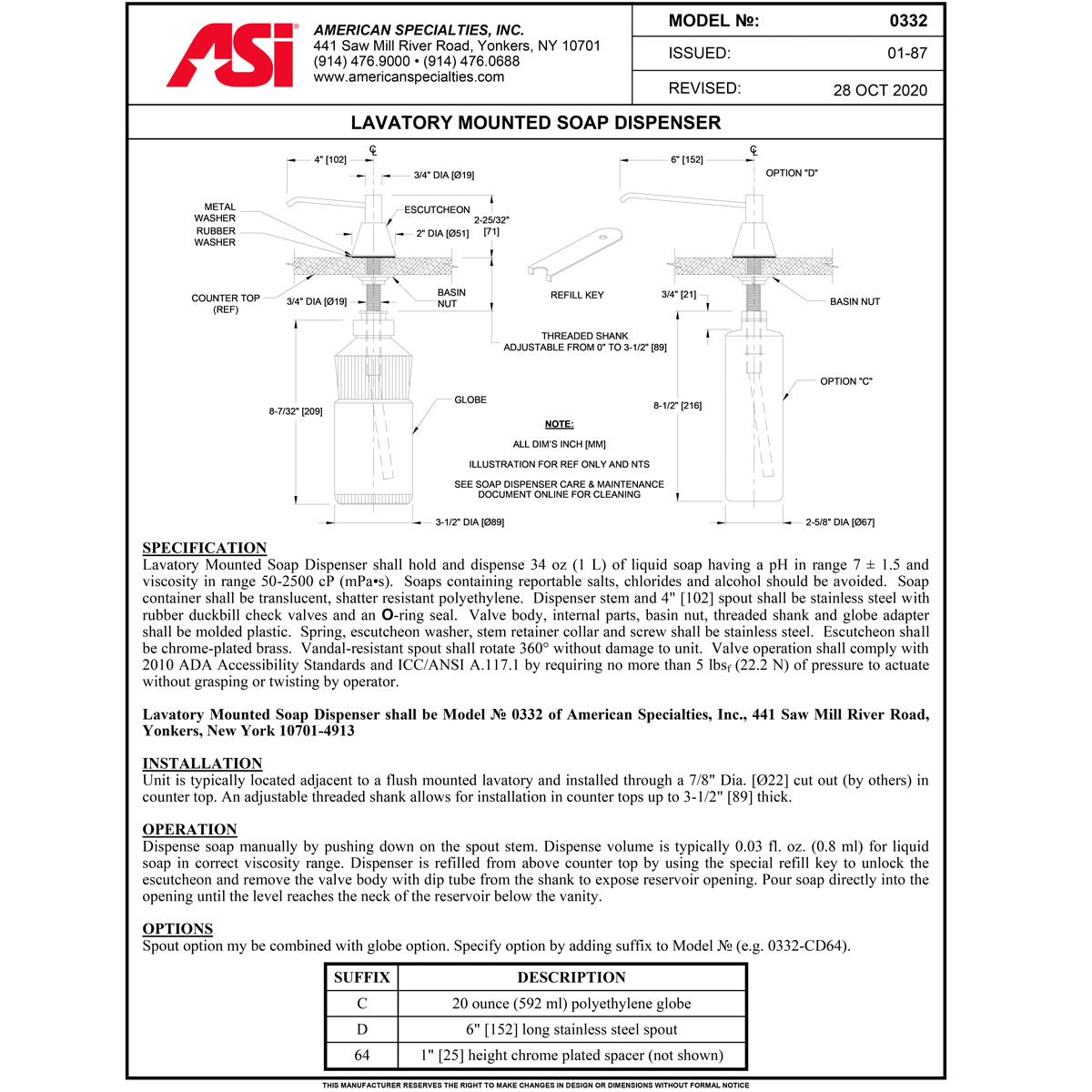 ASI 0332-D Commercial Liquid Soap Dispenser, Countertop Mounted, Manual-Push, Stainless Steel - 6