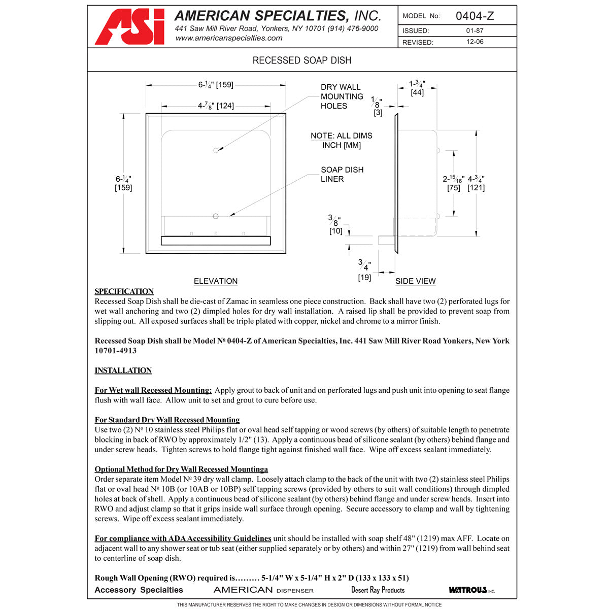 ASI 0404-Z Soap Dish - Chrome Plated Zamac - Recessed