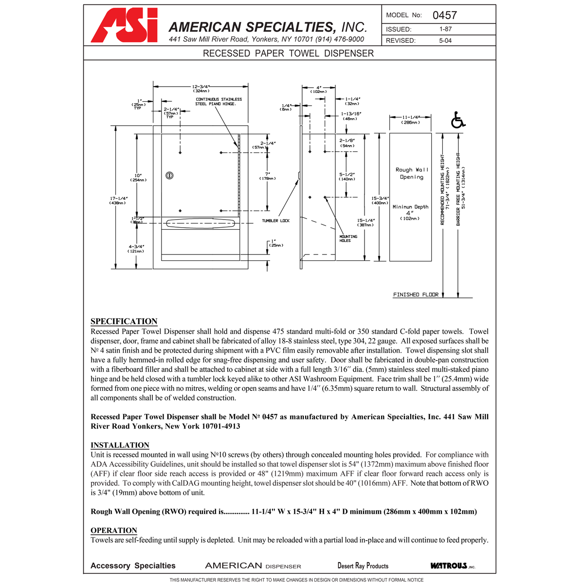 ASI 0457 Commercial Paper Towel Dispenser, Recessed-Mounted, Stainless Steel