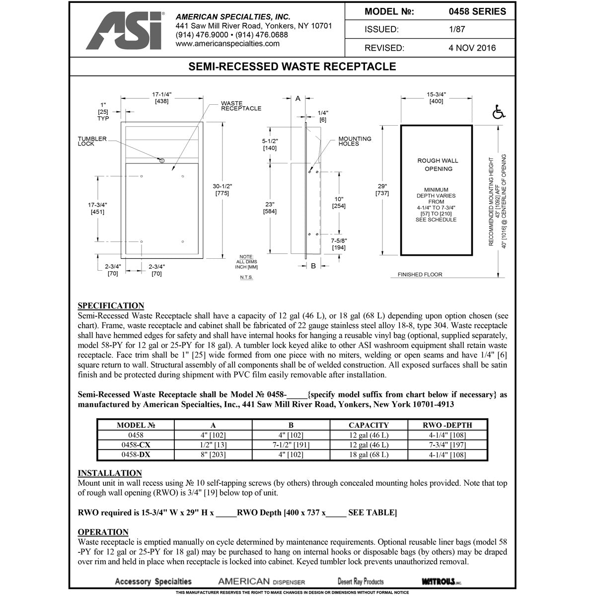ASI 0458-DX Commercial Restroom Waste Receptacle, 18 Gallon, Semi-Recessed-Mounted, 15-3/4" W x 29" H, 4-1/4" D, Stainless Steel