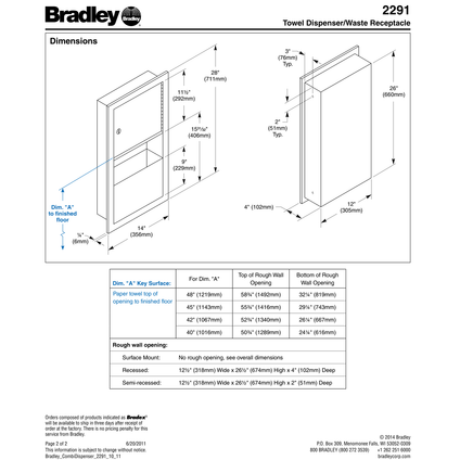 Bradley 2291-00 Combination Towel Dispenser/Waste Receptacle, Recessed-Mounted, Stainless Steel