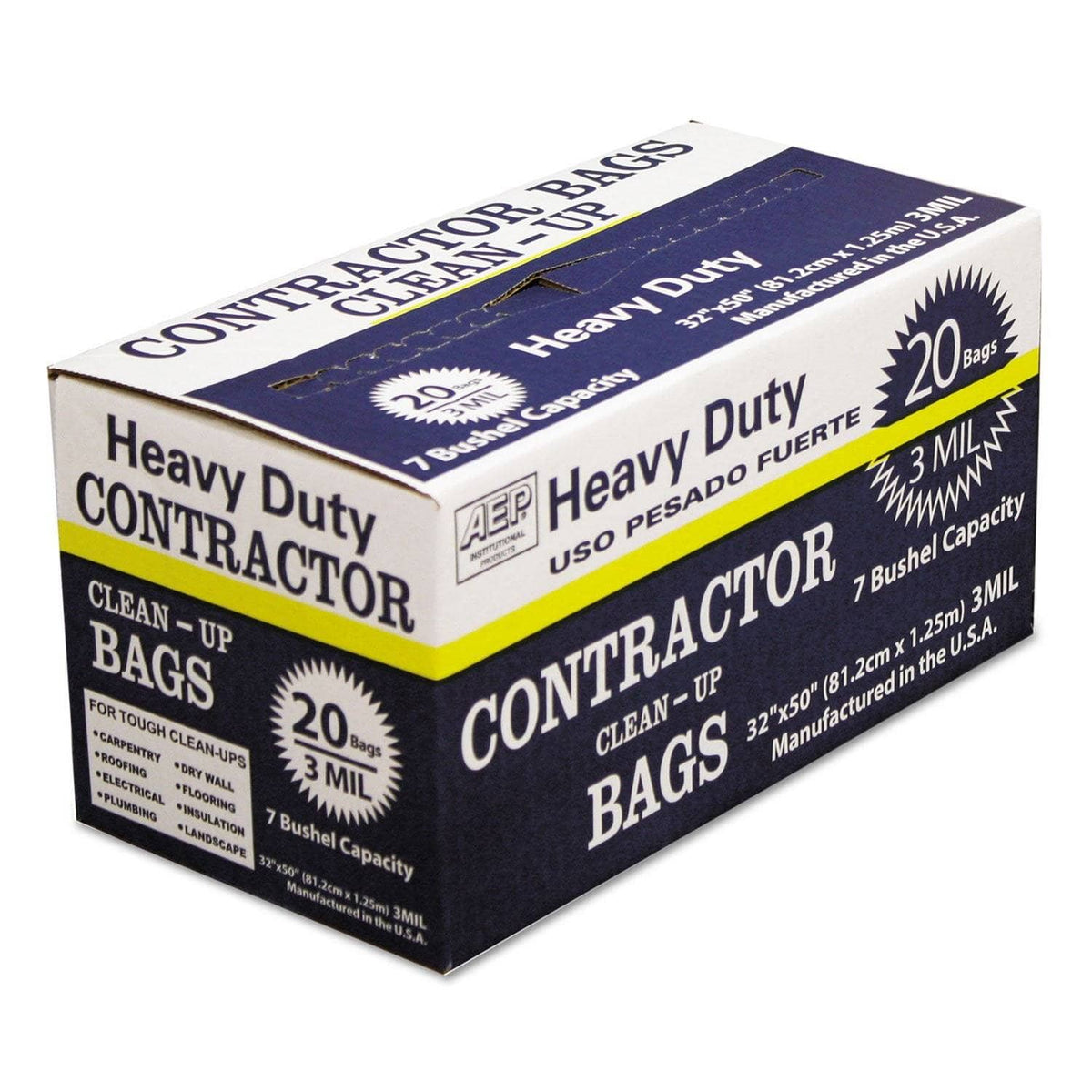 AEP Heavy-Duty Contractor Clean-Up Bags, 60 Gal, 3 Mil, 32" X 50", Black, 20/Carton - WBI186470 - TotalRestroom.com