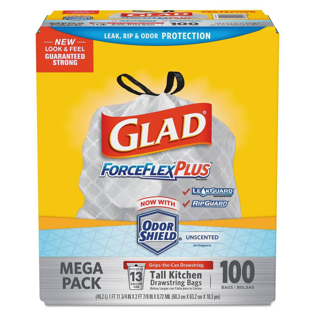 Glad ForceFlex Tall Kitchen Drawstring Trash Bags 13 gal Capacity 24 Width  x 27 Length 1 mil 25 Micron Thickness Drawstring Closure White Plastic  45Box Kitchen School Office Restaurant Breakroom Waste Disposal - Office  Depot