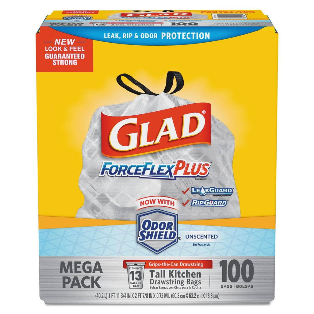 Glad® ForceFlex Tall Kitchen Drawstring Bags, 13 Gallon, 24 x25 1/8, 0.90  mil, White (100 PK)