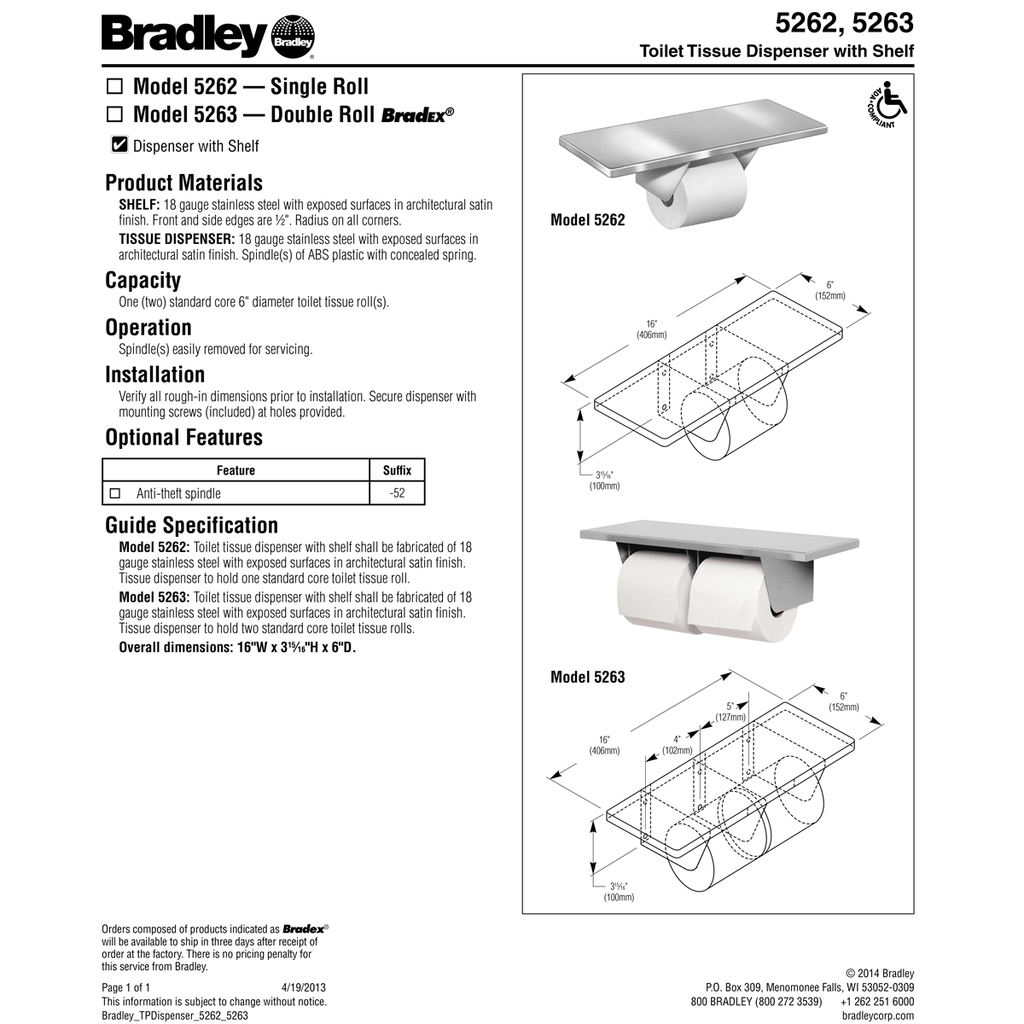 Bradley 5263-00 Commercial Toilet Tissue Dispenser, Surface
