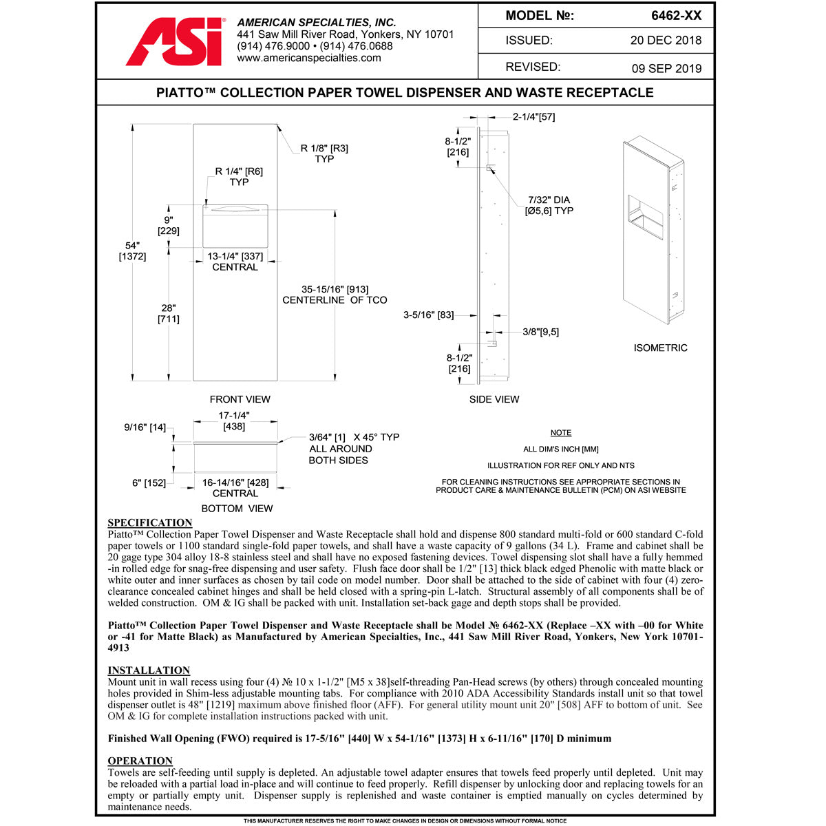 ASI 6462-41 Piatto Recessed Paper Towel Dispenser and Waste Receptacle, Black Phenolic Door, 17-1/4" x 54" x 6-9/16"