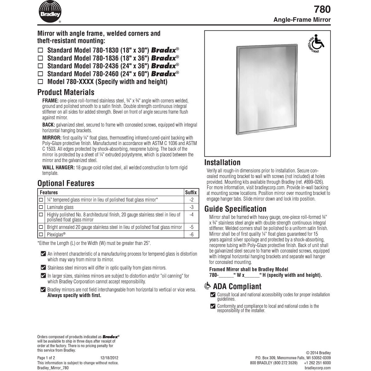 Bradley 780-024420 (24 x 42) Commercial Restroom Mirror, Angle Frame, Stainless Steel w/ Satin Finish, 24" W x 42" H