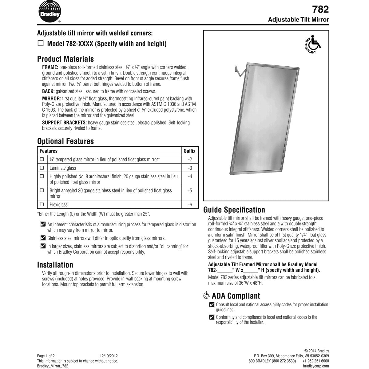 Bradley 782-016240 (16 x 24) Commercial Restroom Mirror, Tilt Frame, Stainless Steel w/ Satin Finish, 16"W x 24"H