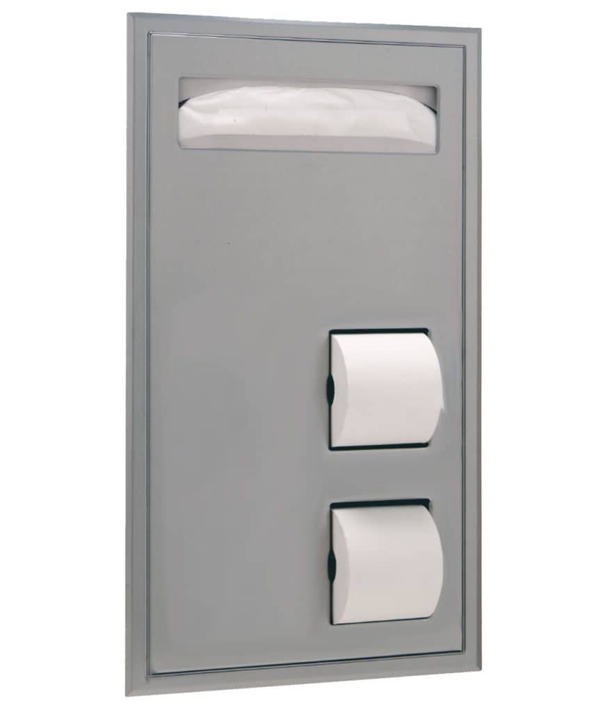 Bobrick B-34715 Combination Seat-Cover Dispenser and Toilet Paper Dispenser, Partition-Mounted, Satin Finish