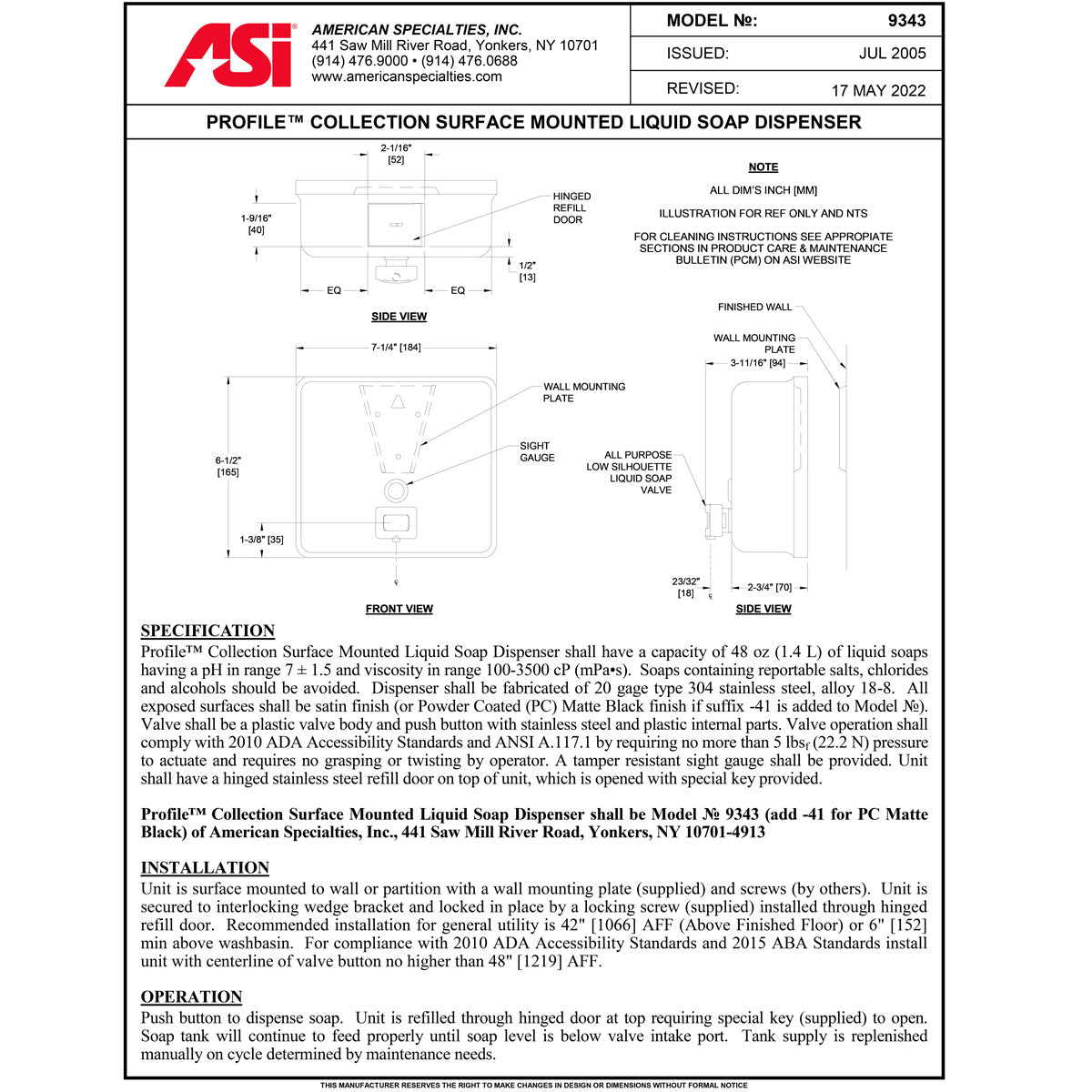 ASI 9343 Commercial (Liquid) Soap Dispenser, Surface-Mounted, Manual-Push, Stainless Steel