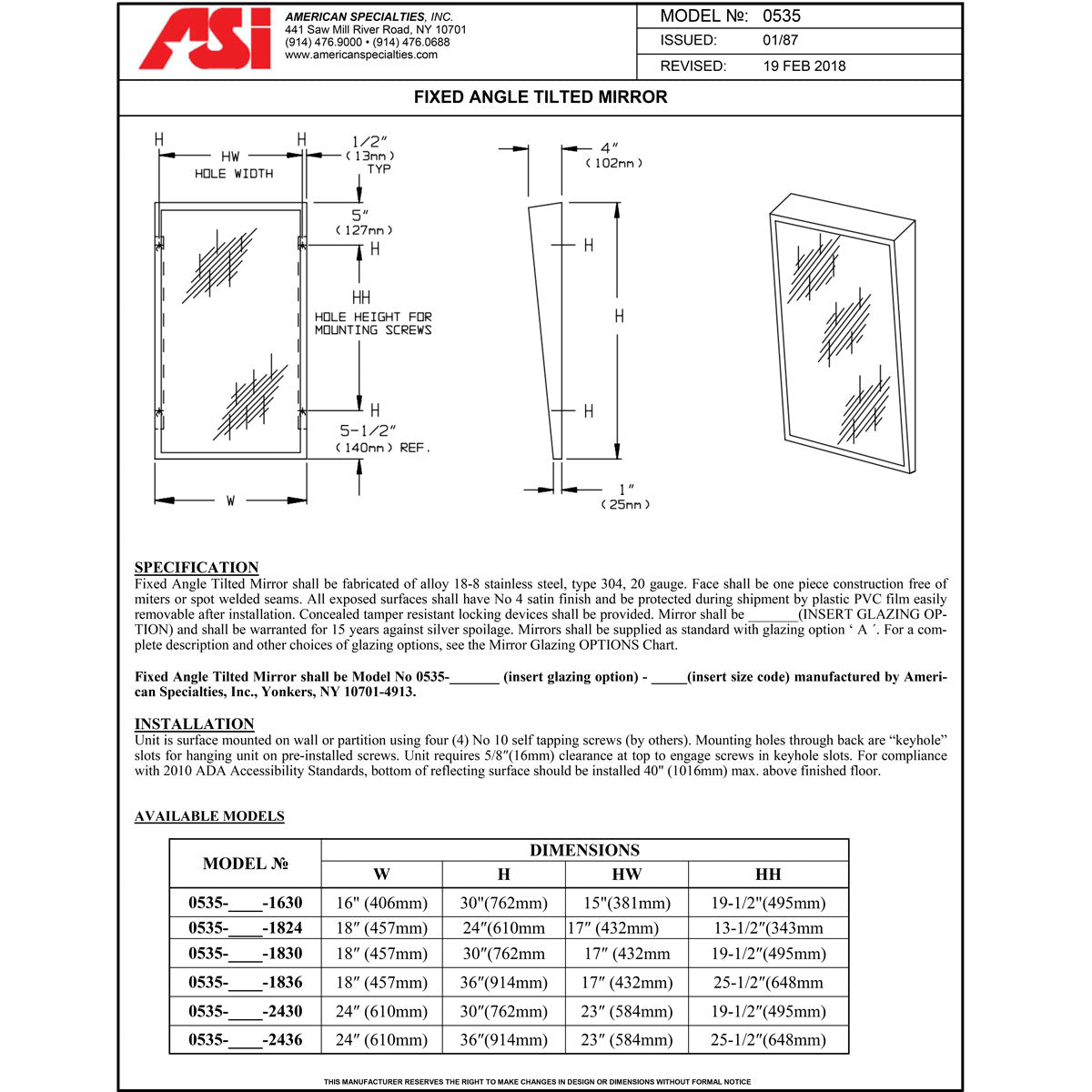 ASI 0535-1836 (18 x 36) Fixed Angle Tilted Mirror, 18"W x 36"H