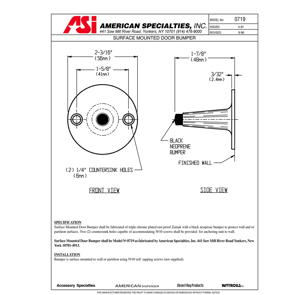 ASI 0719 Commercial Restroom Door Bumper, 23/16" Diameter, Surface