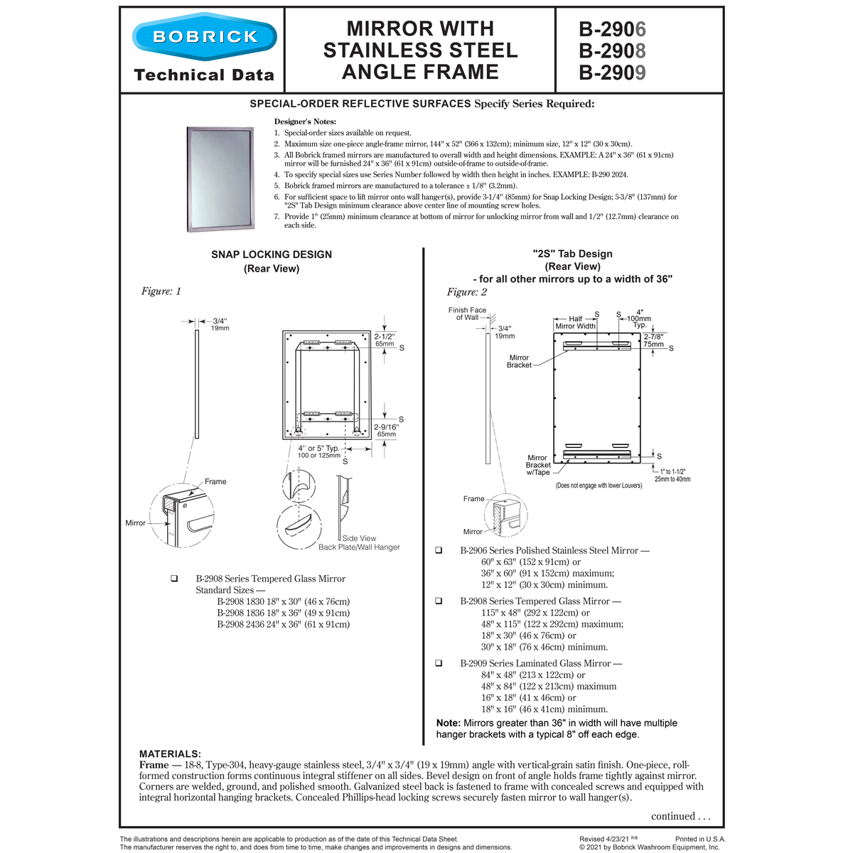 Bobrick B-2908-1836 (18 x 36) Tempered Glass, Welded-Frame Mirror, 18"W x36"H