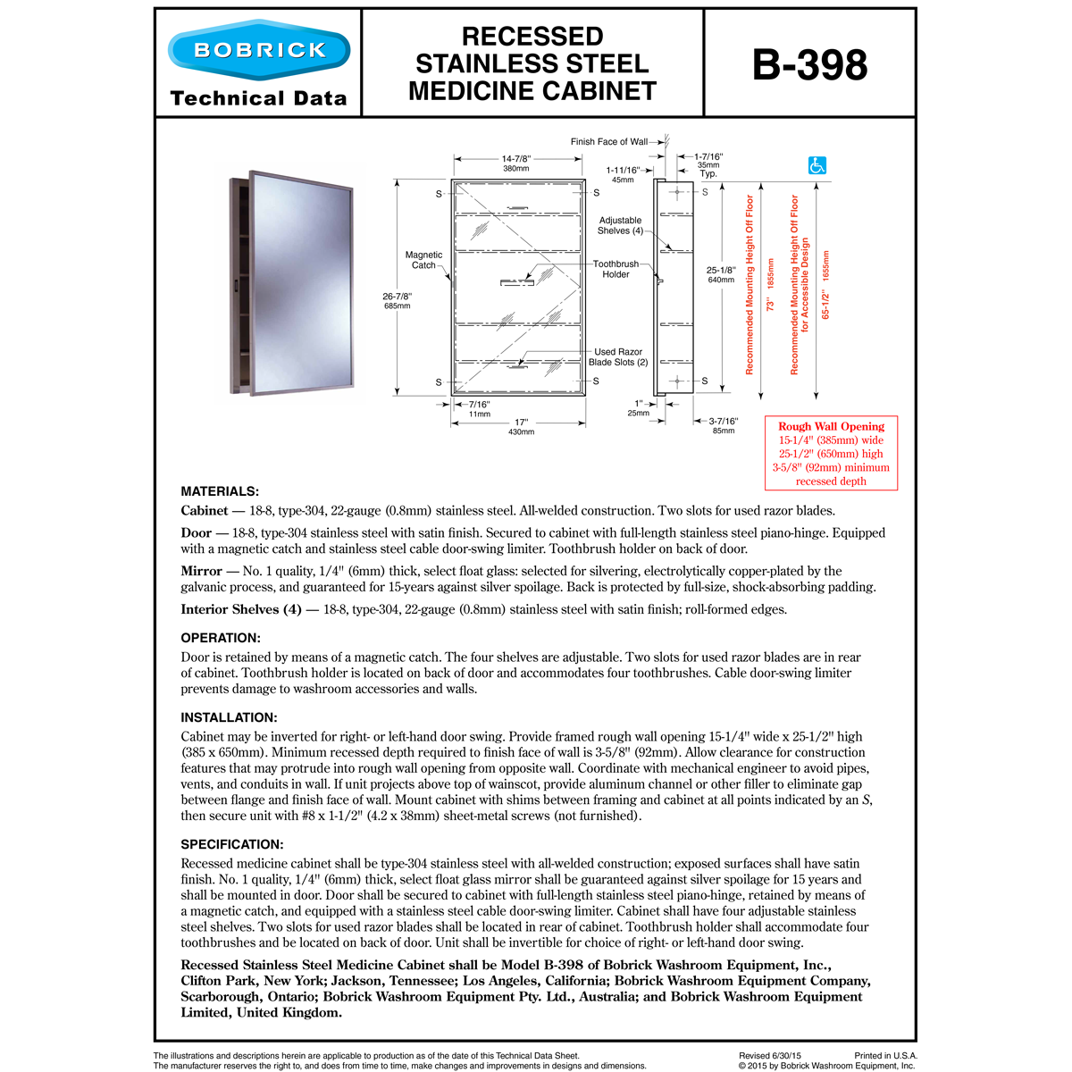 Bobrick B-398 Commercial Medicine Cabinet, Recessed-Mounted, Stainless Steel
