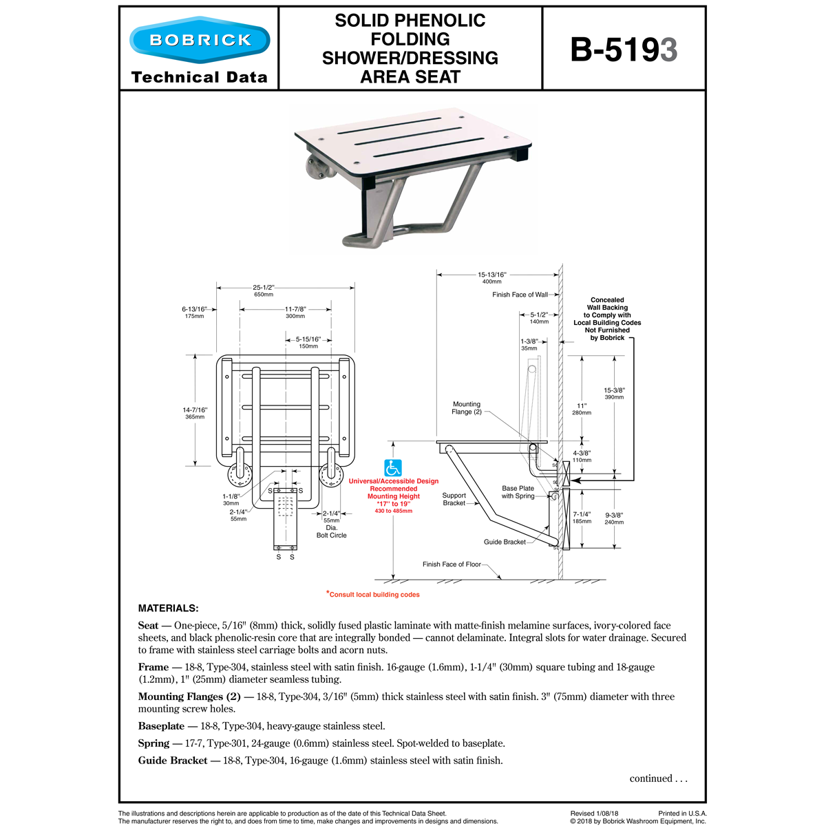 Bobrick B-5193 Commercial Folding Shower Seat, Surface-Mounted, Stainless Steel