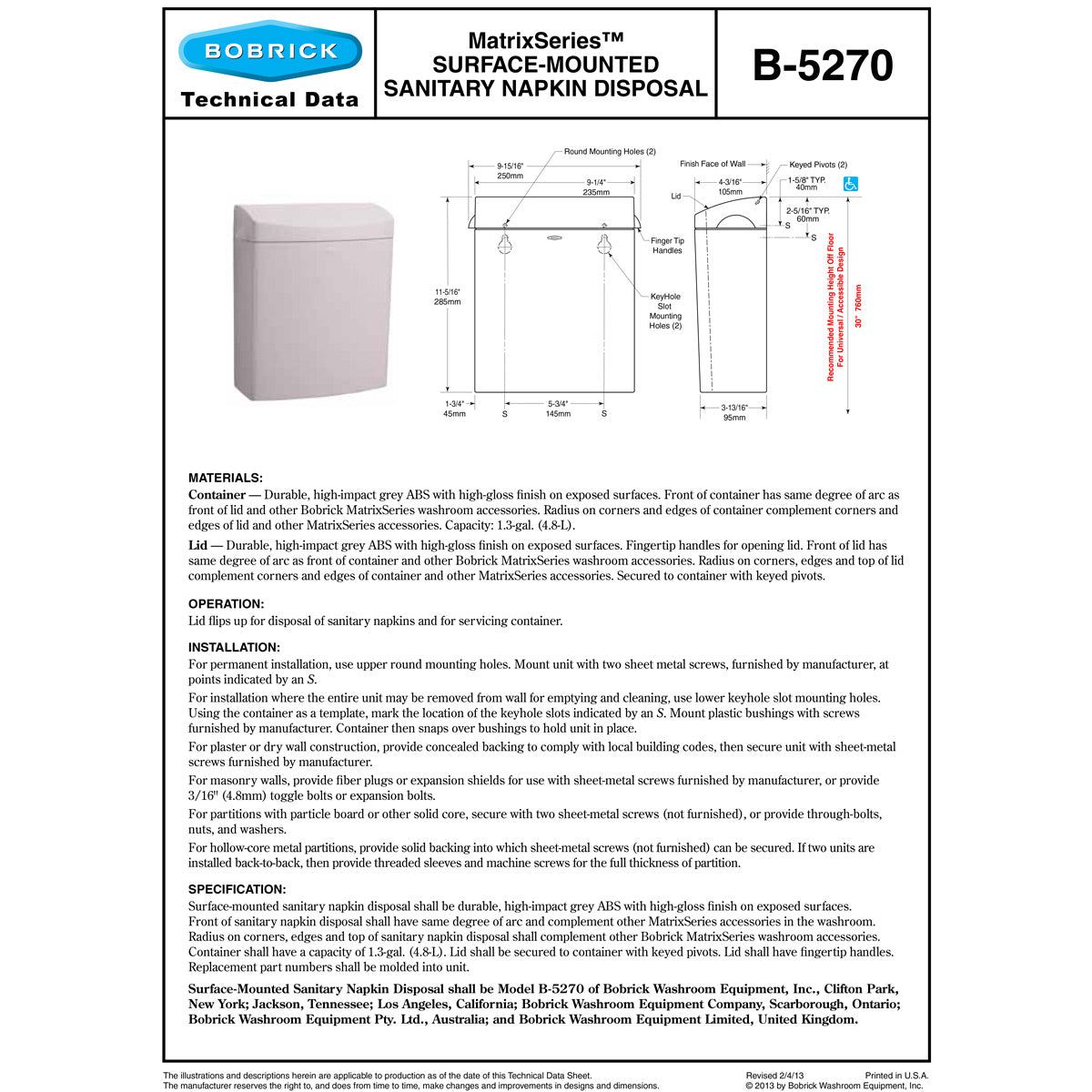 Bobrick B-5270 Matrix Sanitary Disposal