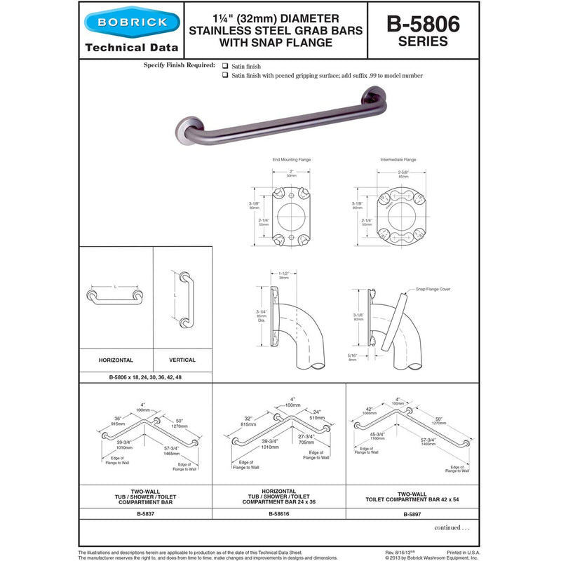 Bobrick B-5806x48 (48 x 1.25) Commercial Grab Bar, 1-1/4" Diameter x 48" Length, Concealed-Mounted, Stainless Steel