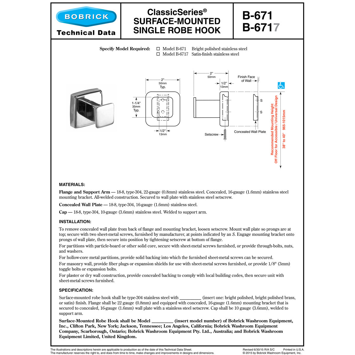 Bobrick B-671 Commercial Single Robe & Coat Hook, Stainless Steel w/ Satin Finish