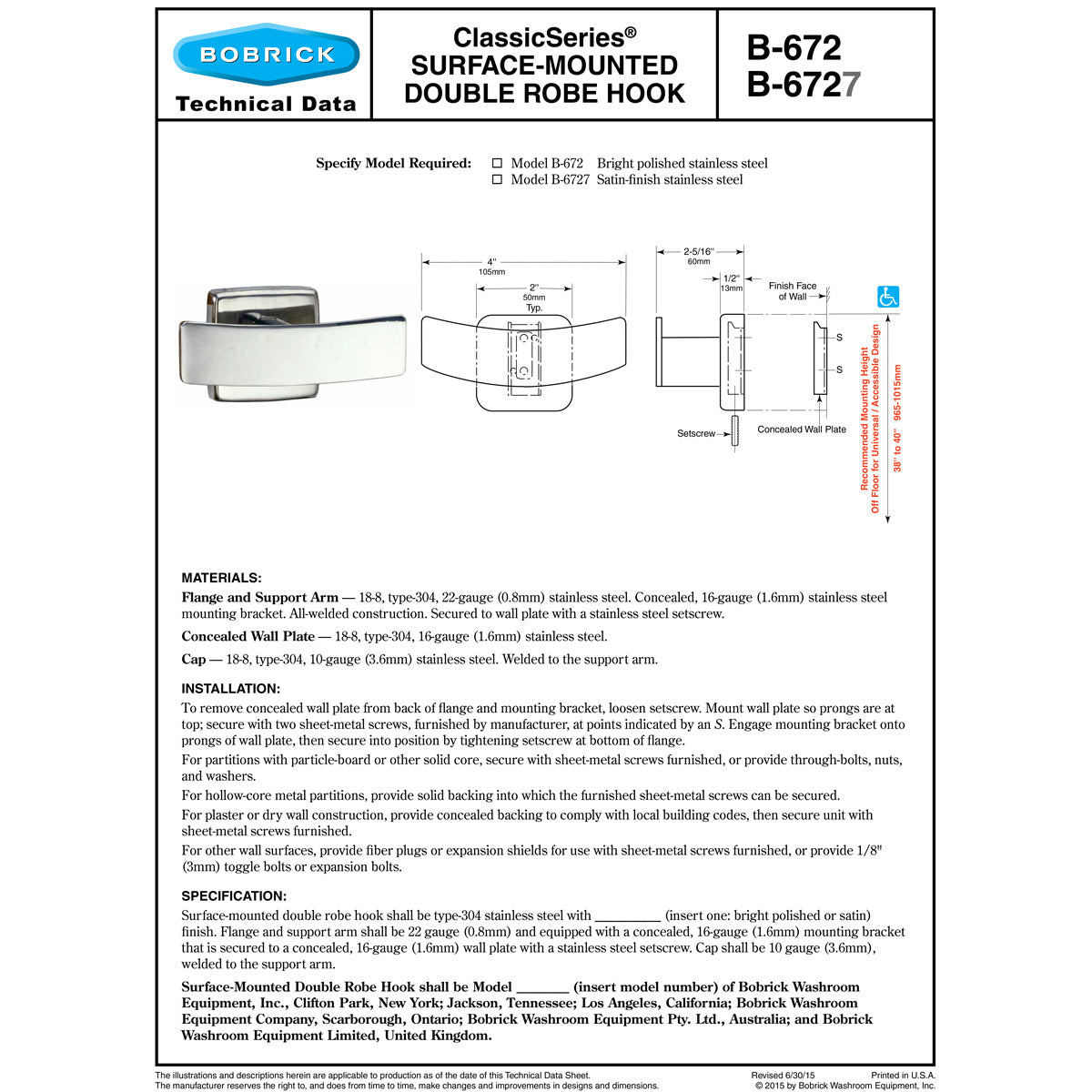 Bobrick B-6727 Commercial Restroom Double Robe & Coat Hook, Stainless Steel w/ Satin Finish