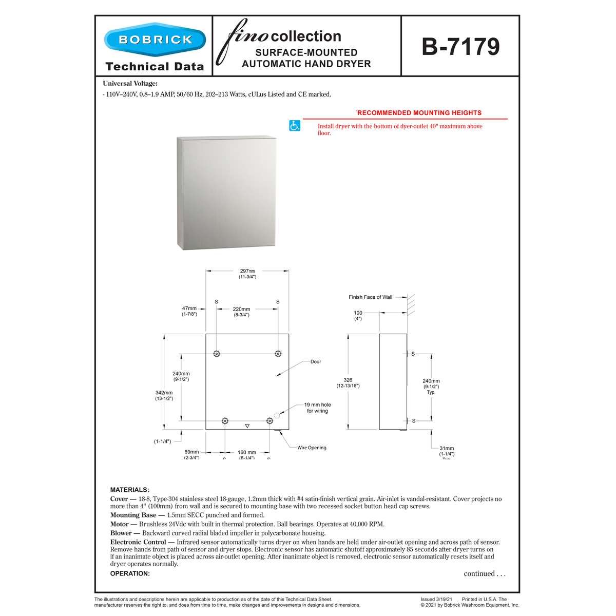 Bobrick B-7179 115V Fino Hand Dryer, ADA Compliant, 115V