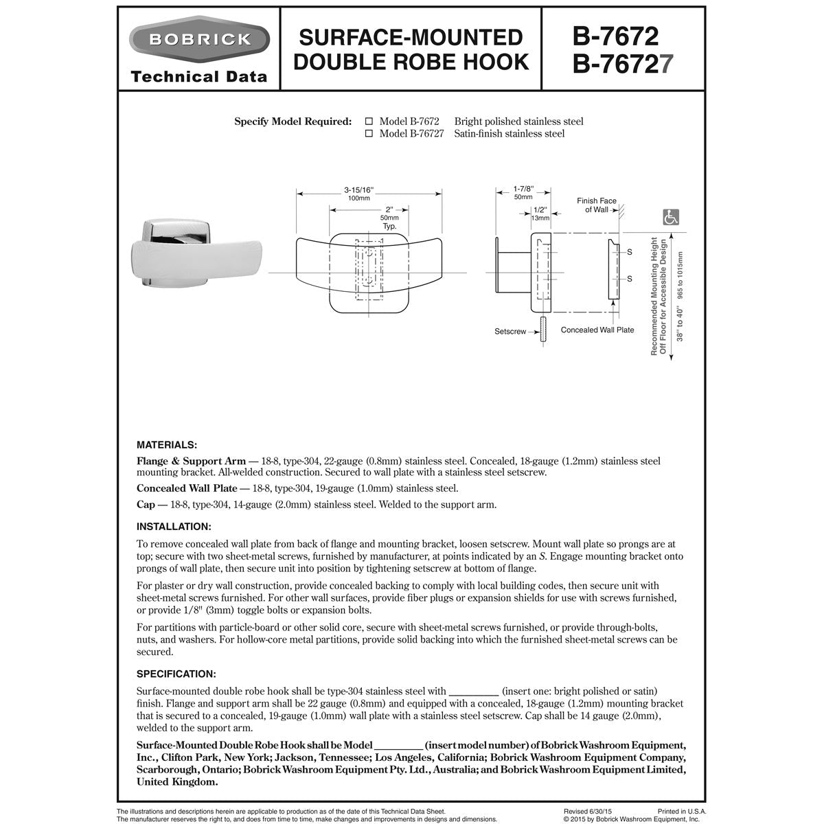 Bobrick B-76727 Commercial Double Robe Hook, Stainless Steel w/ Satin Finish