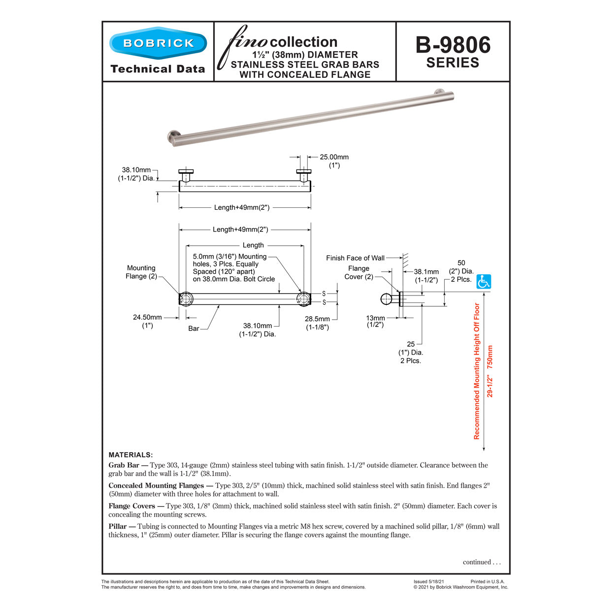 Bobrick B-9806x36 (36 x 1.5) Fino Grab Bar 1-1/2