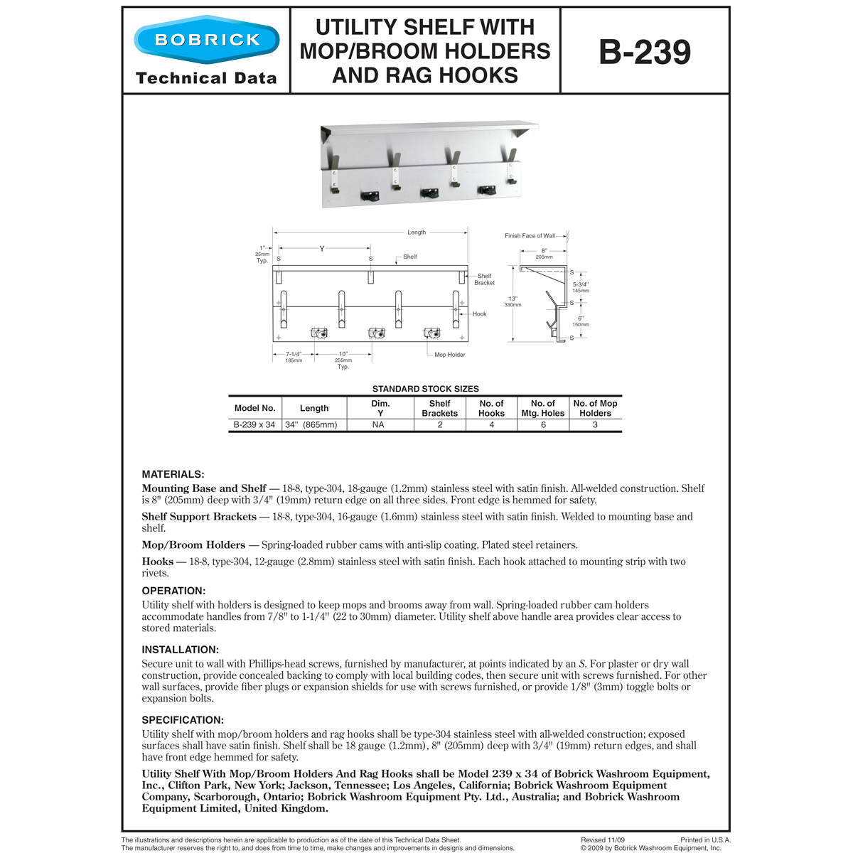 Bobrick B-239x34 Shelf with Mop and Broom Holders and Rag Hooks