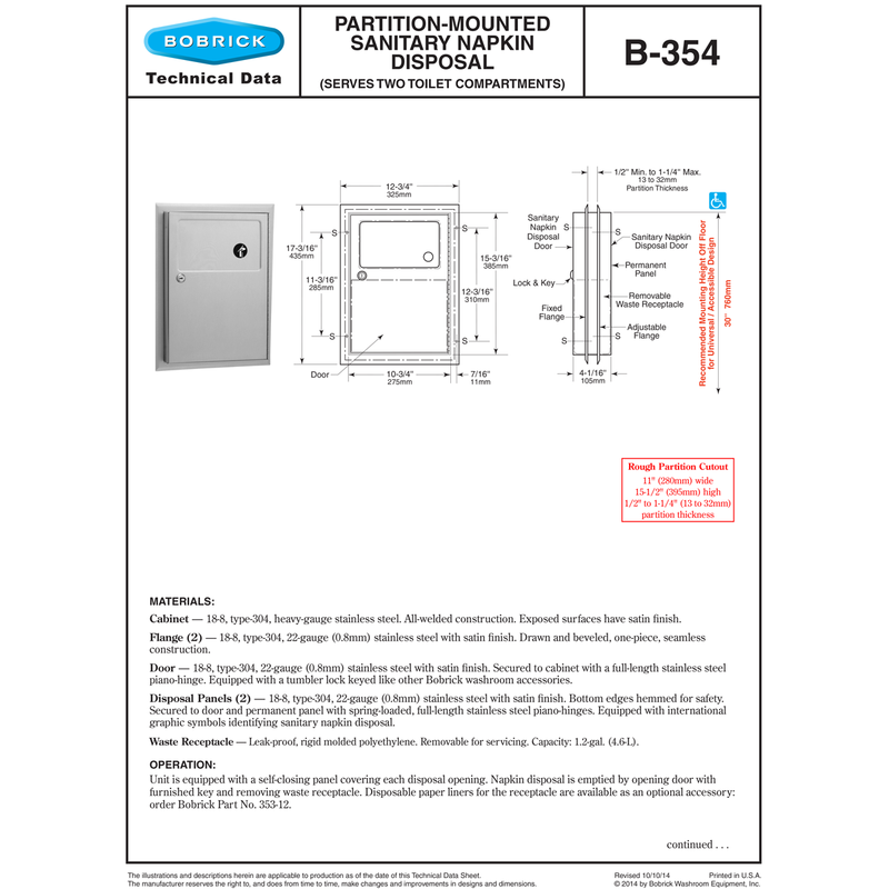 Bobrick B-354 Commercial Restroom Sanitary Napkin Disposal, Partition-Mounted, Stainless Steel