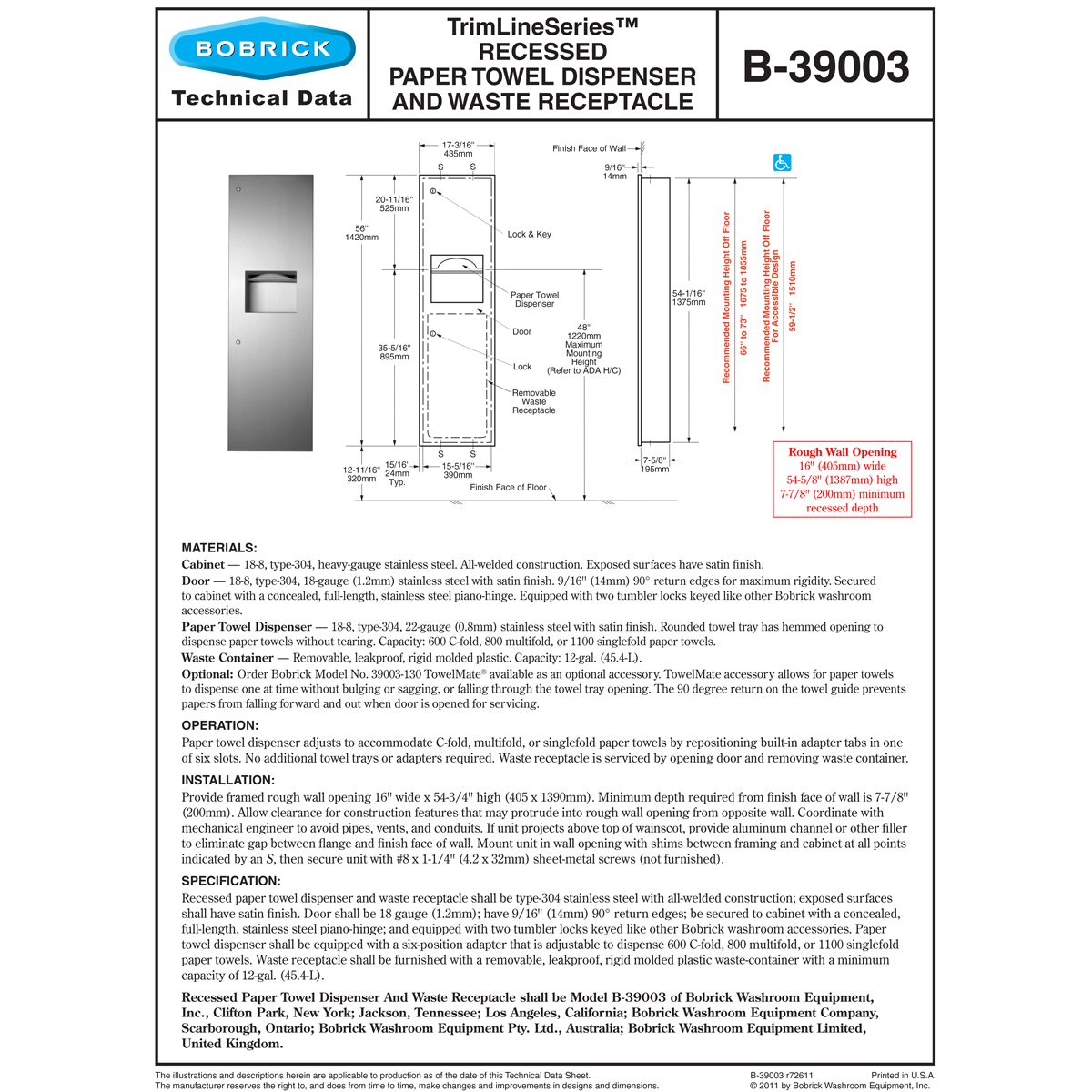 Bobrick B-39003 Combination Commercial Paper Towel Dispenser/Waste Receptacle, Recessed-Mounted, Stainless Steel