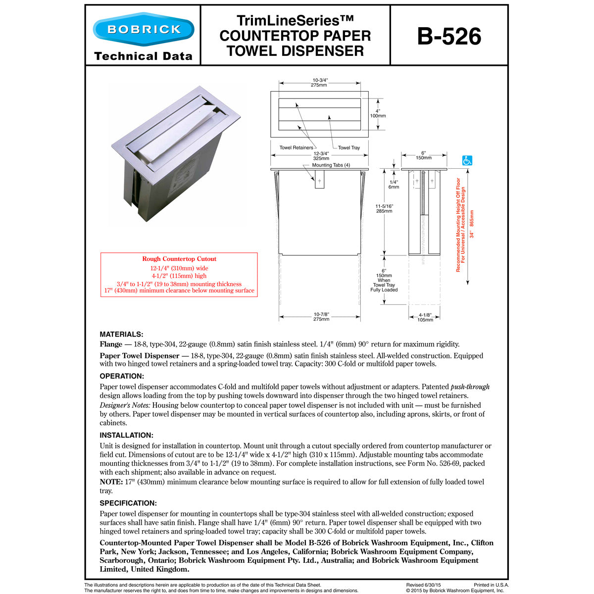 Bobrick B-526 Commercial Paper Towel Dispenser, Counter-Top Mounted, Stainless Steel