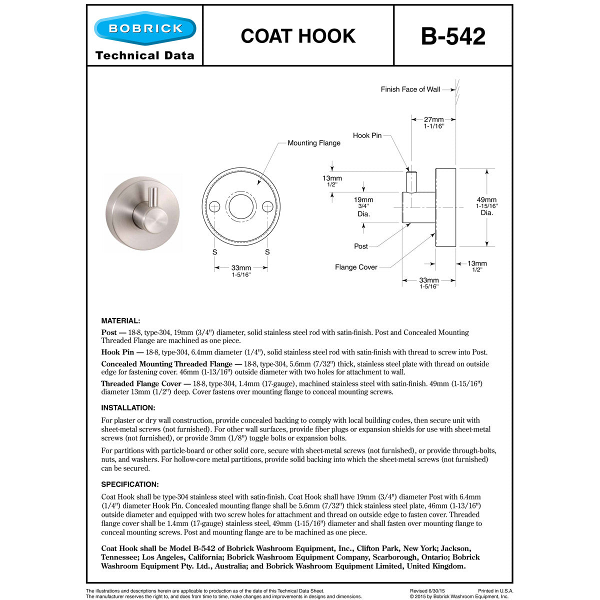 Bobrick B-542 Commercial Cubicle Coat Hook, Stainless Steel w/ Satin Finish