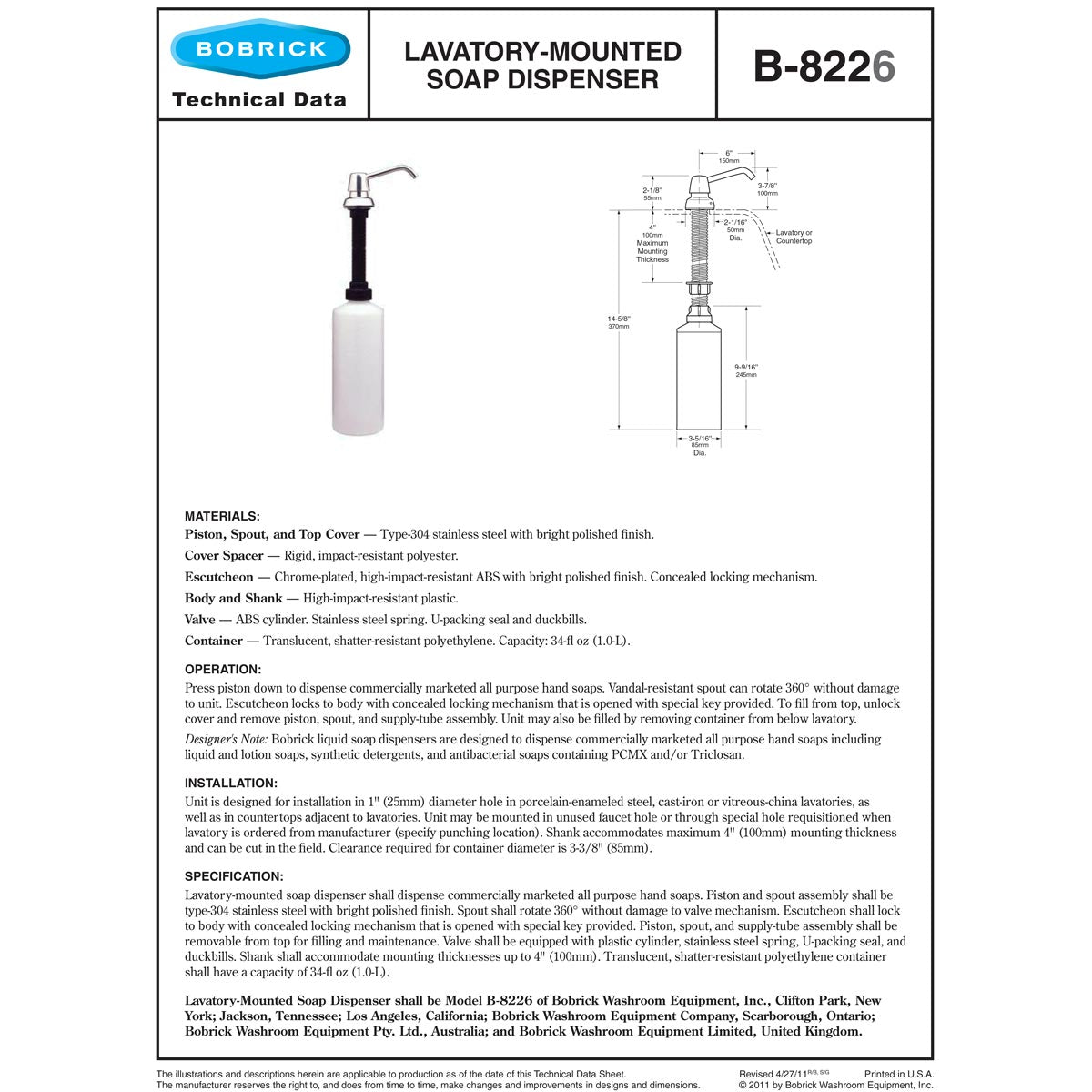 Bobrick B-8226 Commercial Liquid Soap Dispenser, Countertop Mounted, Manual-Push, Stainless Steel - 6" Spout Length