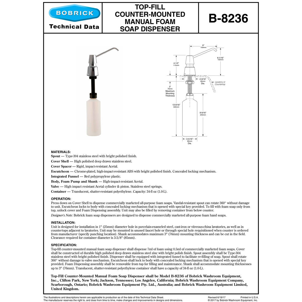 Bobrick B-8236 Commercial Foam Soap Dispenser, Counter-Mounted, Stainless Steel - 6" Spout Length