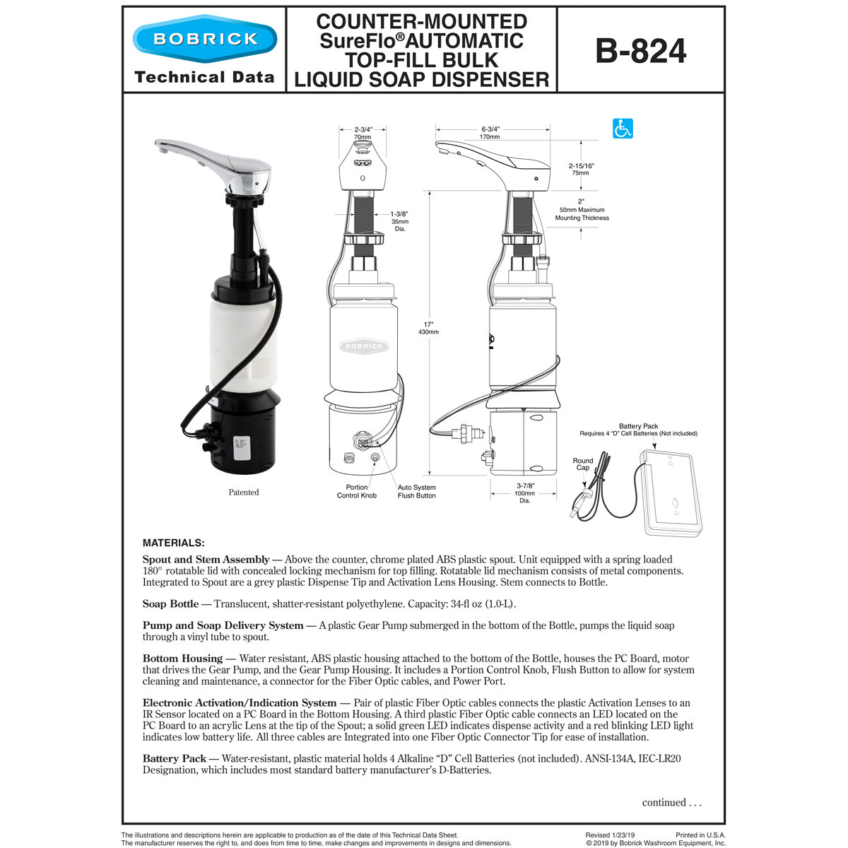 Bobrick B-824 Commercial (Liquid) Soap Dispenser, Countertop Mounted, Touch-Free, Plastic - 6.75" Spout Length