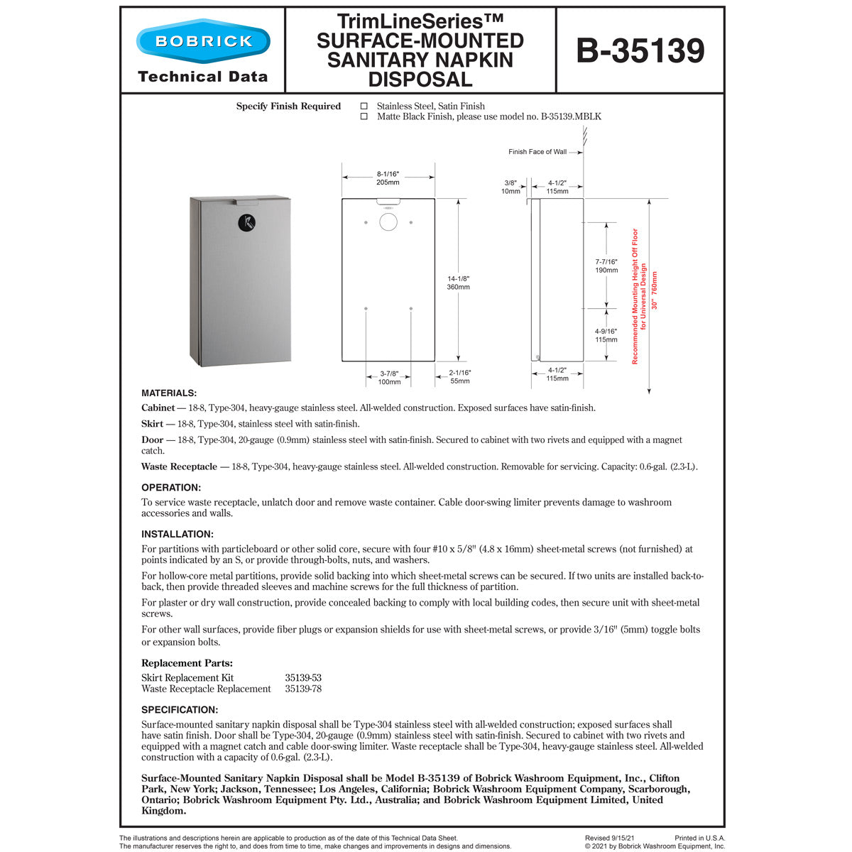 Bobrick B-35139 Commercial Restroom Sanitary Waste Bin, 1.9 L, Surface-Mounted, Stainless Steel