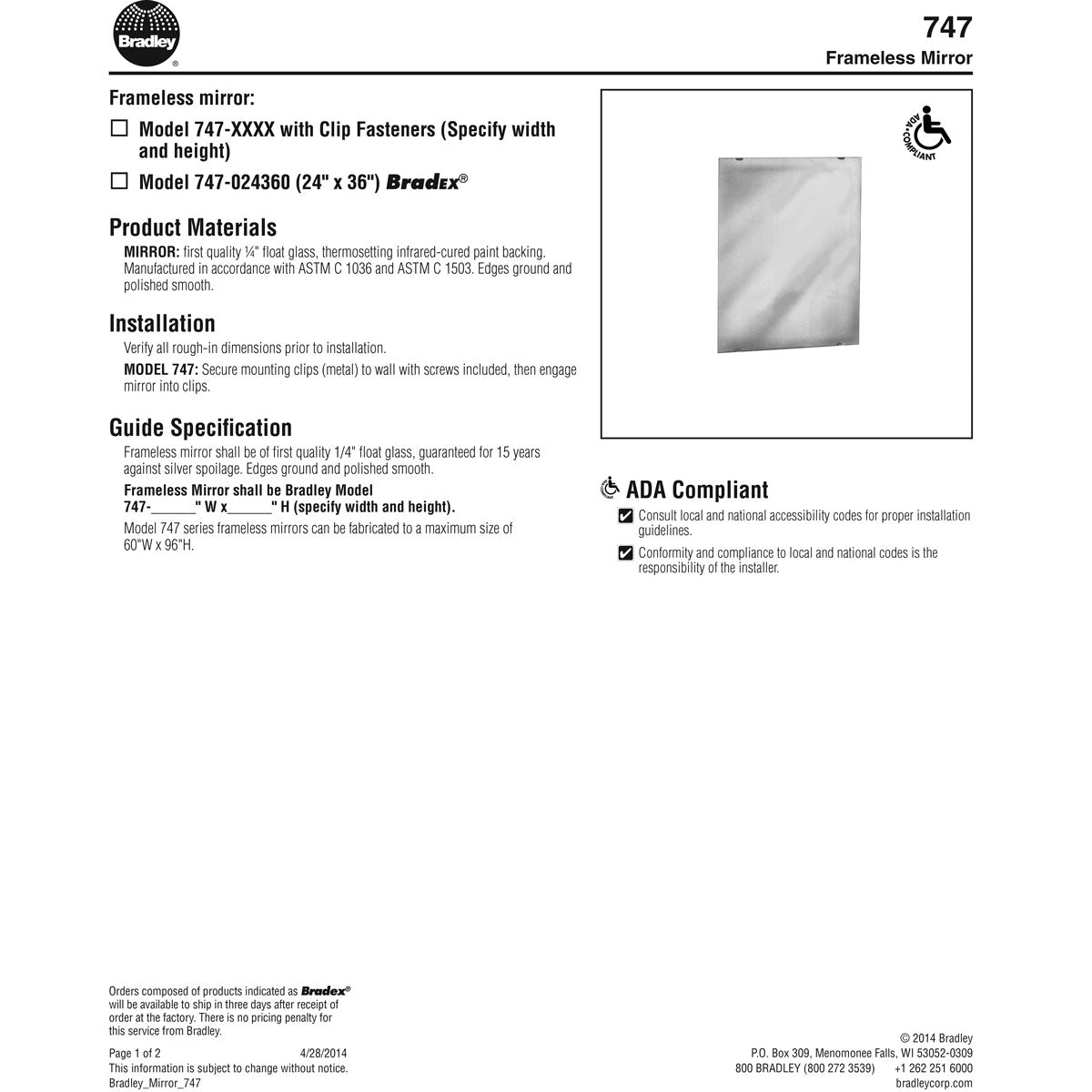 Bradley 747-024360 (24 x 36) Frameless Float Glass Commercial Restroom Mirror with Clip Fasteners