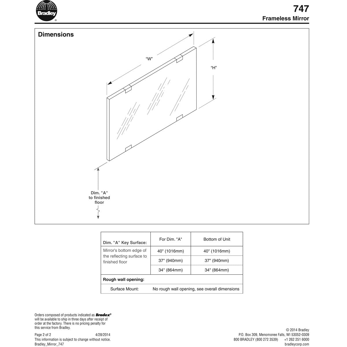 Bradley 747-024360 (24 x 36) Frameless Float Glass Commercial Restroom Mirror with Clip Fasteners