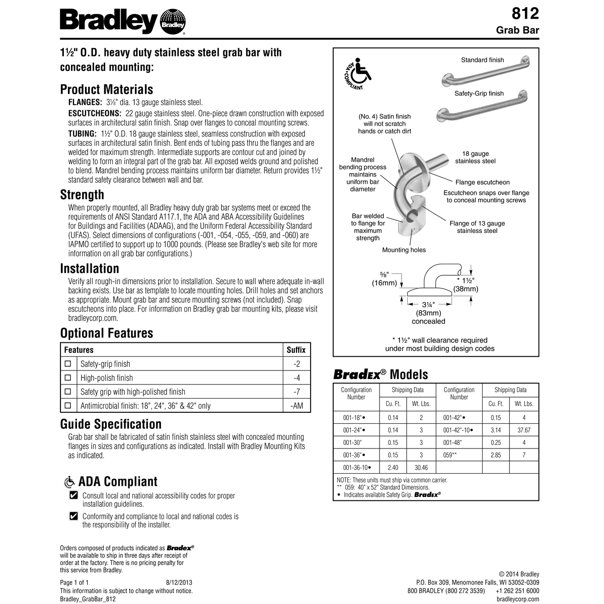 Bradley 8122-001240 (24 x 1.5) Commercial Grab Bar, 1-1/2" Diameter x 24" Length, Stainless Steel (Peened)