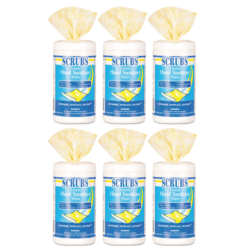 SCRUBS Hand Sanitizer Wipes, 6 x 8, Lemon Scent, Blue/White, 120 Wipes