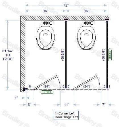Bradley IC23660-PL Toilet Partition, 2 In Corner Compartments, 72"W x 61-1/4"D, Plastic - TotalRestroom.com