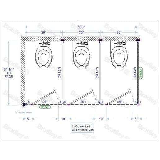 Bradley IC33660 Toilet Partition, 3 In Corner Compartments, 108" W x 61-1/4"D, Metal - TotalRestroom.com
